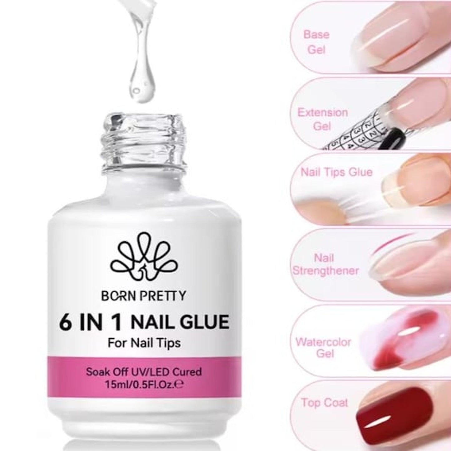 BORN PRETTY 15ml 6-in-1 Nail Glue, Base, Extending, Strengthener Gel